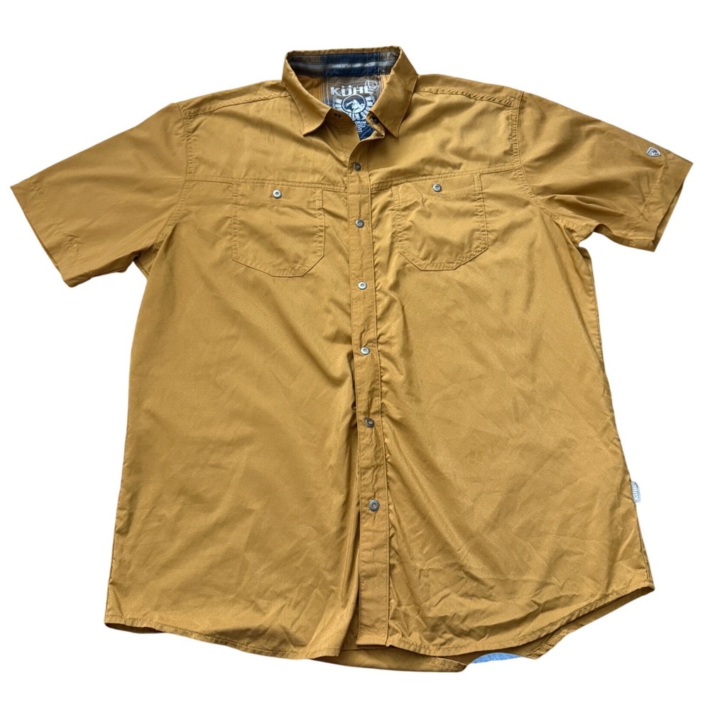 Kuhl Mens Medium Short Sleeve Button Down Ripstop Shirt Mustard Yellow RN108846